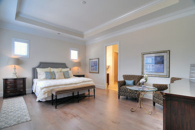 サンディエゴにある中くらいなトランジショナルスタイルのおしゃれな主寝室 (白い壁、淡色無垢フローリング)