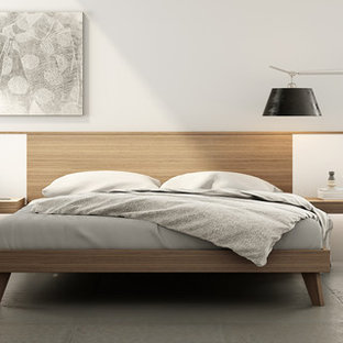 Modelo de dormitorio principal, escandinavo, grande, con paredes blancas y suelo de cemento