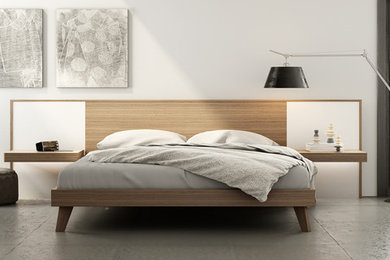 Идея дизайна: большая хозяйская спальня в скандинавском стиле с белыми стенами и бетонным полом