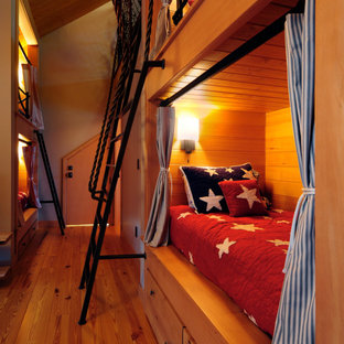 Modelo de dormitorio tipo loft, de estilo americano, de tamaño medio, con paredes marrones, suelo de madera en tonos medios y suelo marrón