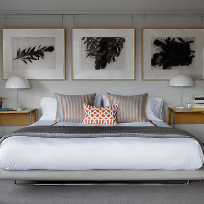 Example of a large transitional master carpeted bedroom design in San Francisco with white walls