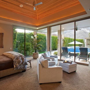Foto de dormitorio principal, contemporáneo, grande, con paredes beige, moqueta, chimenea de esquina y marco de chimenea de piedra