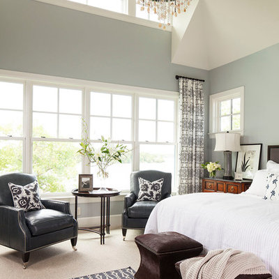 Example of a transitional carpeted bedroom design in Minneapolis with gray walls