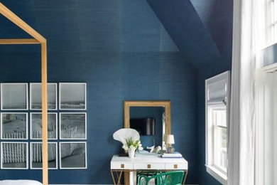 Inspiration for a mid-sized contemporary master dark wood floor and brown floor bedroom remodel in Vancouver with blue walls