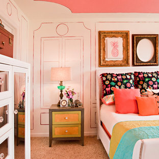 Inspiration for a mid-sized shabby-chic style bedroom in St Louis with pink walls and carpet.