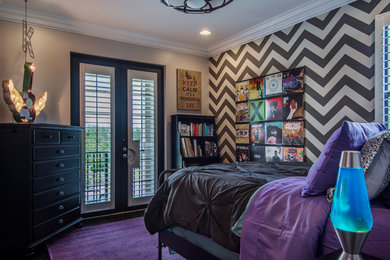Mid-sized transitional guest dark wood floor bedroom photo in Miami with gray walls