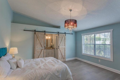 Bedroom - mid-sized farmhouse master light wood floor bedroom idea in Other with blue walls and no fireplace