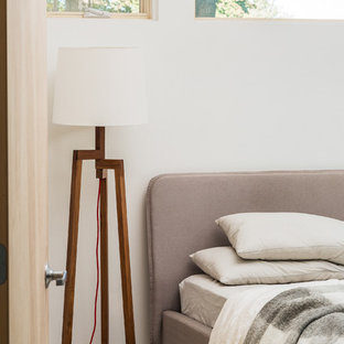 Diseño de dormitorio principal, contemporáneo, pequeño, con paredes blancas, suelo de cemento y suelo gris