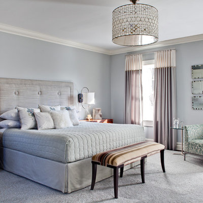 Inspiration for a large contemporary master carpeted and gray floor bedroom remodel in New York with gray walls and no fireplace