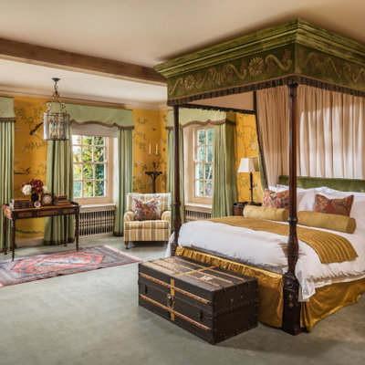 Inspiration for a large timeless master carpeted and green floor bedroom remodel in Sussex with yellow walls