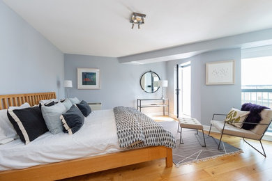 ダブリンにある広いコンテンポラリースタイルのおしゃれな主寝室 (青い壁、無垢フローリング、茶色い床、グレーとブラウン) のレイアウト