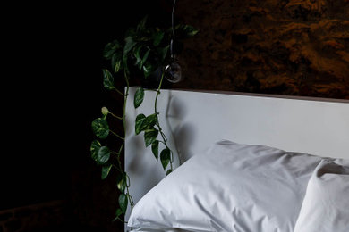 Idee per una camera da letto rustica con parquet scuro