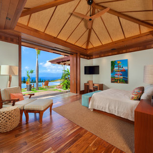 Modelo de dormitorio principal, exótico, grande, con paredes verdes, suelo de madera en tonos medios y suelo marrón