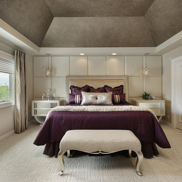 Plum and Ivory Bedroom with Upholstered Accent Wall and Faux Finished Tray Ceili