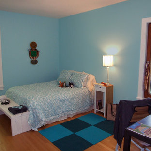 Kleines Modernes Gästezimmer ohne Kamin mit blauer Wandfarbe, hellem Holzboden und blauem Boden in Cleveland
