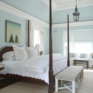 Bedroom - large traditional master dark wood floor bedroom idea in New York with blue walls