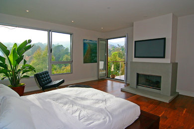 Trendy dark wood floor bedroom photo in Los Angeles with white walls and a standard fireplace