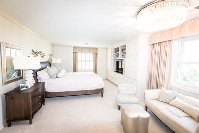 Inspiration for a large transitional master carpeted and beige floor bedroom remodel in Portland with white walls