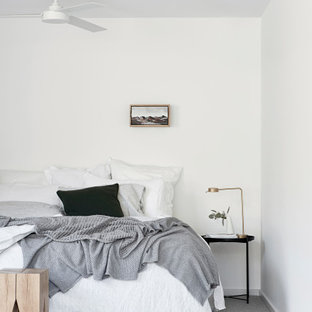 Design ideas for a contemporary bedroom in Melbourne with white walls, carpet and grey floor.