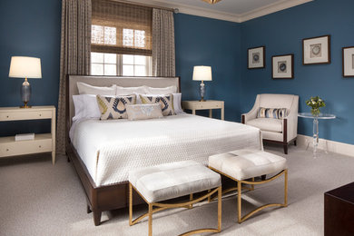 Example of a transitional master carpeted and gray floor bedroom design in DC Metro with blue walls