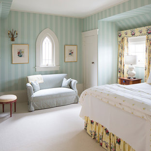 Inspiration for a mid-sized arts and crafts guest bedroom in San Francisco with green walls, ceramic floors and no fireplace.