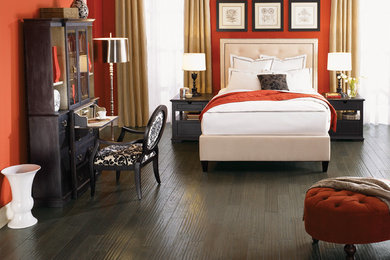 Transitional dark wood floor bedroom photo in Seattle with red walls