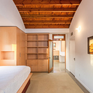 Diseño de habitación de invitados contemporánea, de tamaño medio, con paredes blancas y suelo de linóleo