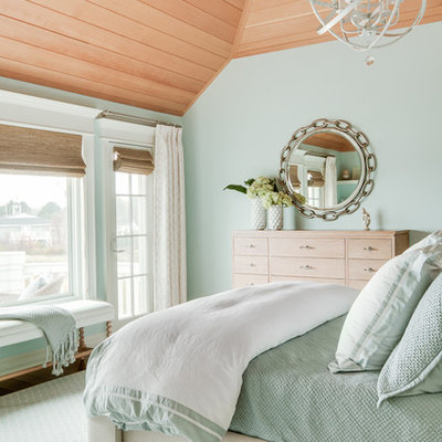 Beach style blue floor bedroom photo in Portland Maine with green walls