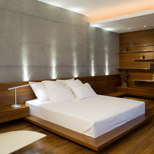 Mittelgroßes Modernes Hauptschlafzimmer mit grauer Wandfarbe, braunem Holzboden, Hängekamin und braunem Boden in Miami