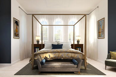 Diseño de dormitorio contemporáneo con paredes grises, moqueta y suelo beige