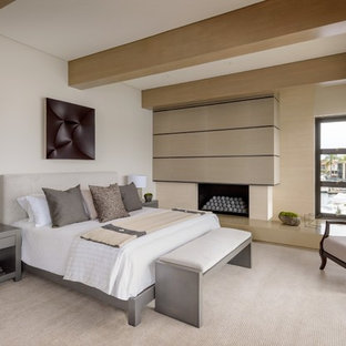 Modelo de habitación de invitados actual con paredes blancas y chimenea lineal