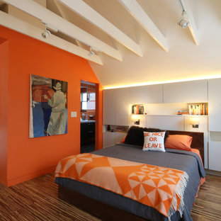 Ejemplo de dormitorio actual, de tamaño medio, con parades naranjas y suelo de madera oscura