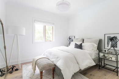 Ejemplo de habitación de invitados moderna pequeña sin chimenea con paredes blancas, suelo de madera en tonos medios y suelo gris