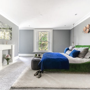 Design ideas for a contemporary bedroom in Other with grey walls, carpet and grey floors.