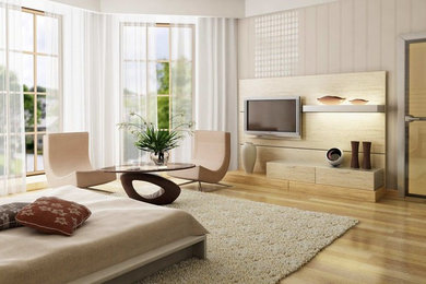 Ejemplo de dormitorio moderno de tamaño medio con paredes multicolor y suelo de madera en tonos medios