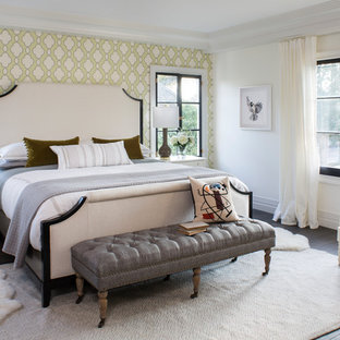 Bedroom - large transitional guest medium tone wood floor and brown floor bedroom idea in Los Angeles with multicolored walls and no fireplace