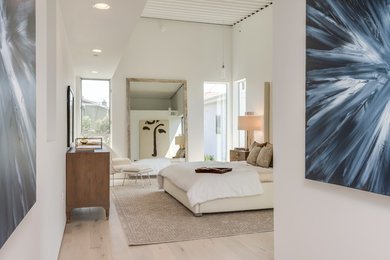 Ispirazione per una grande camera matrimoniale contemporanea con pareti bianche, parquet chiaro e pavimento beige