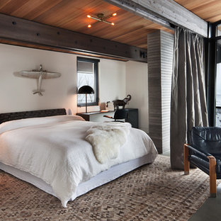 Imagen de habitación de invitados actual, grande, con paredes blancas, suelo de corcho y suelo beige