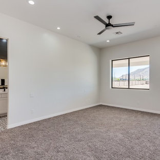 Bedroom - large traditional master carpeted and brown floor bedroom idea in Phoenix with gray walls and no fireplace