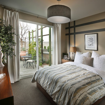 Bedroom - contemporary carpeted bedroom idea in Orange County with multicolored walls