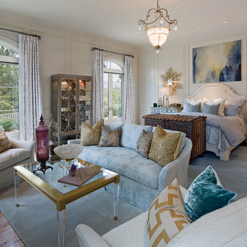 Rancho Santa Fe Bedroom Design in Cooler Colors with Blues and Golds