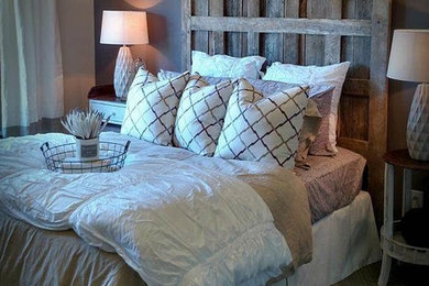 Bedroom - mid-sized country master carpeted bedroom idea in Atlanta with brown walls