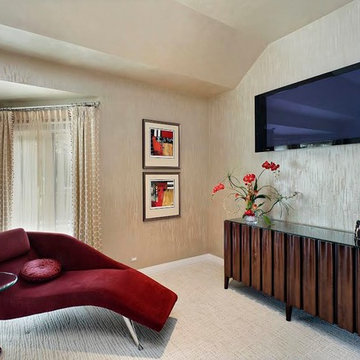 Red Chaise in Master Bedroom with Wall-Mounted TV
