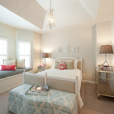 Bedroom - shabby-chic style carpeted bedroom idea in DC Metro with beige walls
