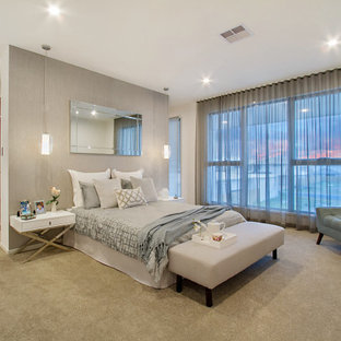 Large contemporary master bedroom in Gold Coast - Tweed with grey walls, carpet and grey floor.