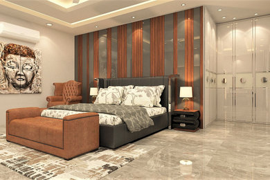 Diseño de dormitorio principal moderno con paredes beige, suelo de mármol, suelo gris y panelado