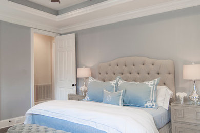Example of a large transitional master dark wood floor bedroom design in Charlotte with blue walls and no fireplace