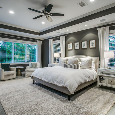 Bedroom - large transitional master carpeted and gray floor bedroom idea in Dallas with gray walls and no fireplace