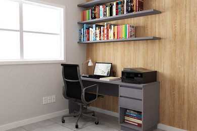 Home office - small modern ceramic tile and gray floor home office idea in Other with beige walls and no fireplace