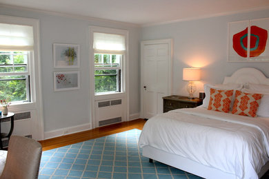 Modelo de habitación de invitados clásica de tamaño medio sin chimenea con paredes azules y suelo de madera clara